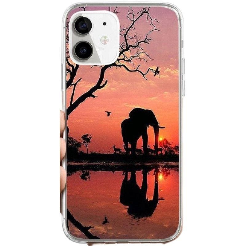 Coque iPhone Animaux <br> Éléphant Coucher de Soleil - Animaux du Monde